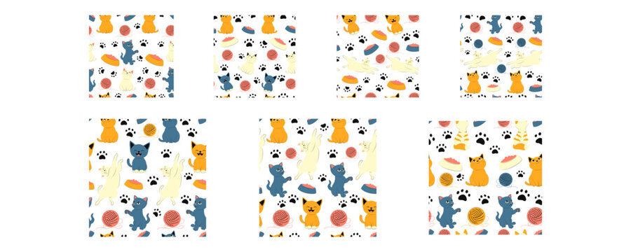 Set of Cute Kawaii Cat and Paw Seamless Pattern for Pet-Themed Background, Fabric, and Wrapping Paper Illustration. Vector Set