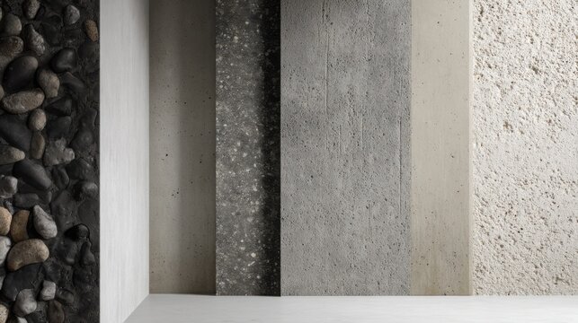 Architectural display featuring polished concrete exposed aggregate microcement raw concrete and decorative plaster textures, modern interior design