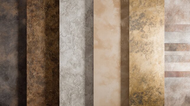 Architectural sample wall featuring Venetian plaster limewash microcement clay plaster textured plaster and metallic finishes, luxury interior trend