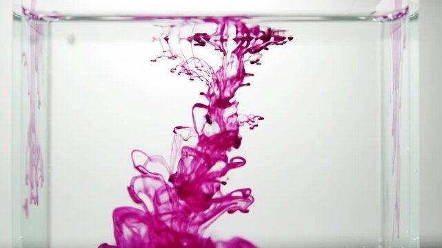A mesmerizing extreme slow-motion video showing vibrant liquid dispersing into crystal-clear deionized water within a glass cube tank against a white studio backdrop with soft lighting and bokeh,