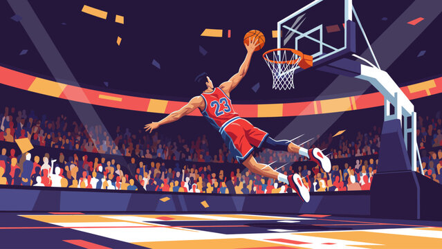 Basketball player jumping for a slam dunk in a crowded stadium