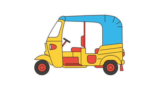Flat Vector Illustration of a Yellow and Blue Auto Rickshaw Tuk Tuk Taxi on White Background