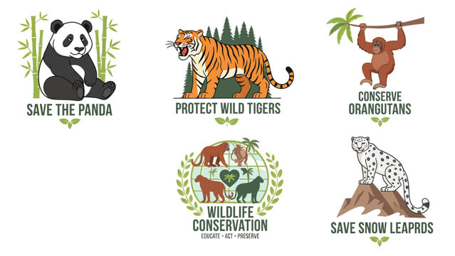 Vector collection of endangered animal conservation emblems, promoting global wildlife protection awareness