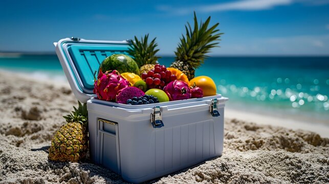 K&uuml;hlbox voller frischer Fr&uuml;chte am Strand vor t&uuml;rkisfarbenem Meer