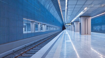 Obraz premium Contemporary metro terminal illuminated by soft blue dawn light, clean architecture, nearly empty platforms, peaceful city awakening concept, hyper