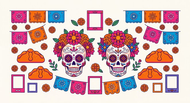 Dia de Los Muertos Decoration Set with Sugar Skulls and Ofrenda Elements