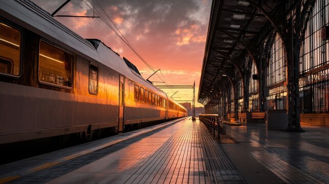 Elegant railway terminal glowing in orange sunset light, modern train waiting beside platform, long shadows, dramatic sky, cinematic travel