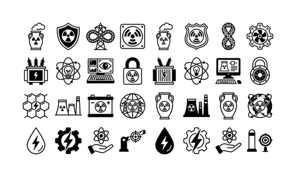 Nuclear energy and power icon set featuring radiation, atomic reactors, electricity generation and industrial safety