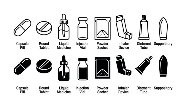 Medicine dosage and pharmaceutical packaging icon set featuring capsules, tablets, droppers, vials and inhalers