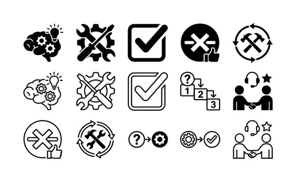 Technical support and troubleshooting icon set featuring customer service, repair, setup guides and problem solving