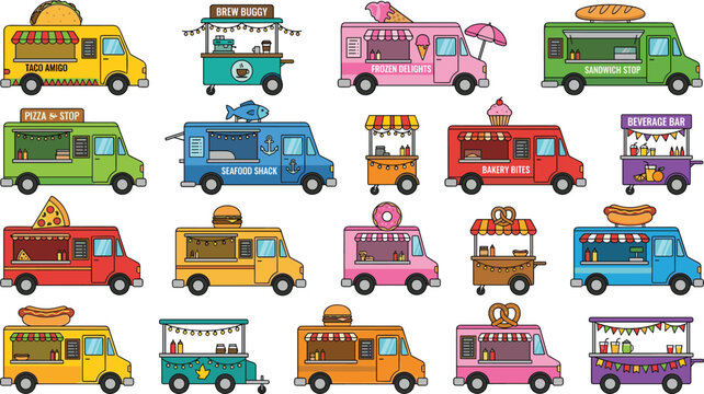Food Truck and Street Food Cart Vector Set with Colorful Mobile Kiosks for Pizza, Burgers, Tacos, Ice Cream, Coffee, and Bakery Catering