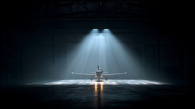 A single small private airplane illuminated by a spotlight in a dark hangar.