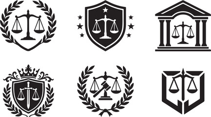 Obraz premium Justice, law, and order icons, black vector set, scales of justice, legal emblems