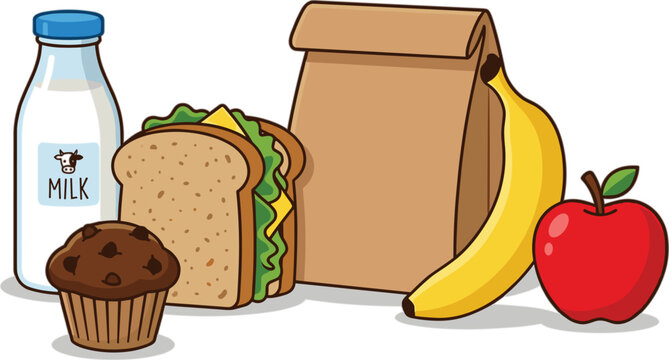School lunch box bag vector illustration with a sandwich milk bottle chocolate muffin banana and red apple