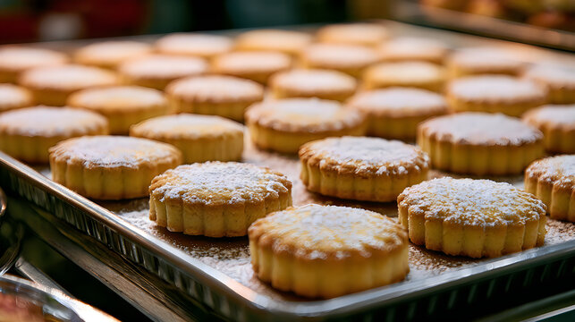 Rows of freshly baked round scalloped edge cookies dusted with sugar on tray