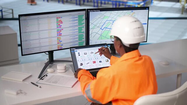 Worker In Warehouse Uses Computer To Manage Inventory