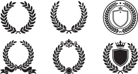 Fototapeta premium Vintage laurel wreaths, elegant crests, heraldic shields, black vector icons