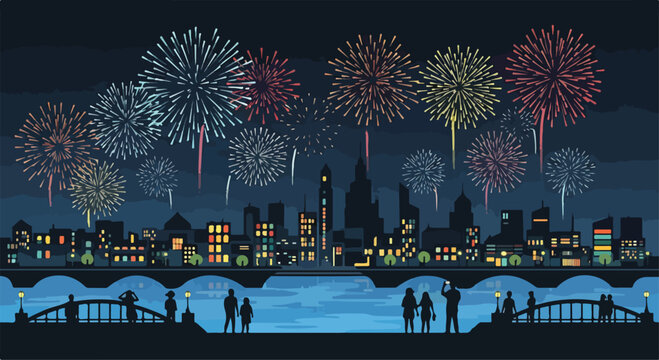 Colorful fireworks exploding over a city skyline at night
