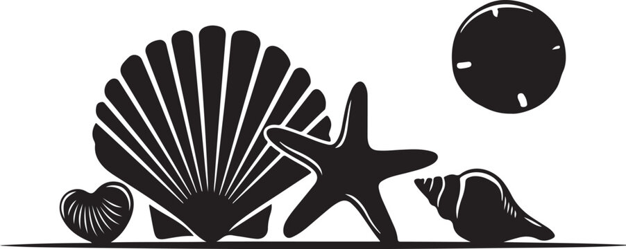 Black silhouette of seashells, starfish, and a full moon