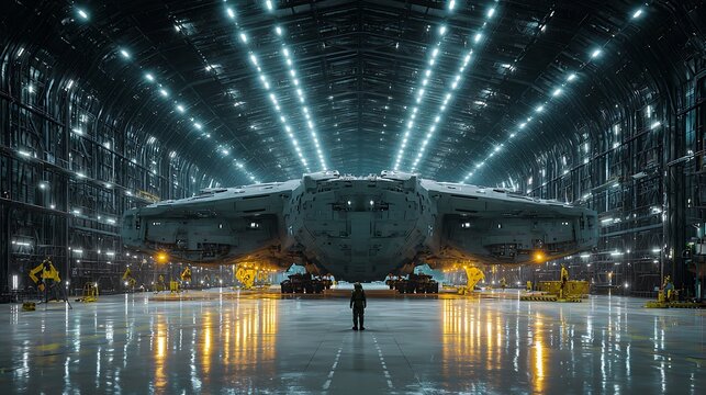 A solitary figure stands before a massive military aircraft inside a dimly lit industrial hangar.