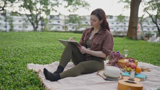 Creative woman drawing in her sketchbook during a park picnic