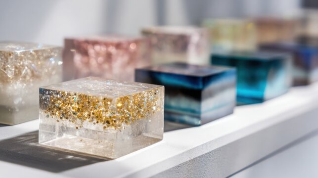 Organized showcase of resin materials in transparent translucent glitter infused pearl effect and colored finishes, contemporary design concept