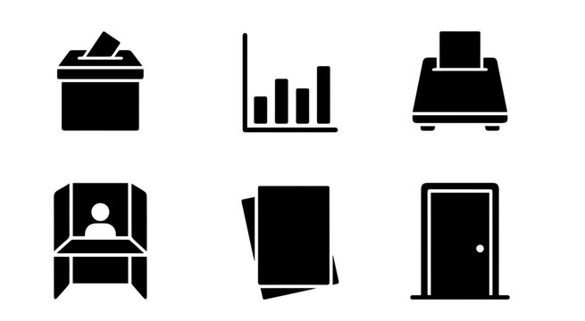 Election Icons Set: Ballot Box, Voting Booth, Printer, Chart, Door, Documents. Political Symbols for Democracy and Government.