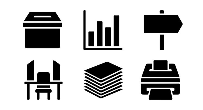 Election Icons: Ballot Box, Voting Booth, Bar Chart, Printer, Signpost, Stacked Paper, Business & Government Vector Set