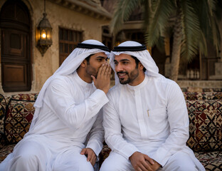 Fototapeta premium Arab Man Whispering a Secret to Friend in Traditional Gulf Clothing | Two Arab men wearing traditional Gulf attire sharing a private conversation while sitting outdoors