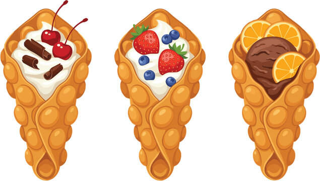 Hong Kong bubble waffle set vector illustration with sweet toppings including cream chocolate ice cream berries and oranges