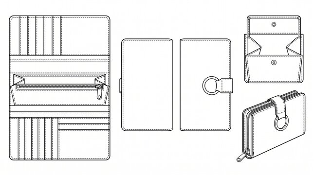 Long Wallet Technical Sketch Template - Fashion Accessory Design with Card Slots and Zipper