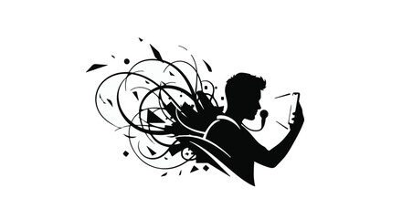 Fototapeta premium Silhouette of person speaking into microphone with abstract creative energy bursting outwards.