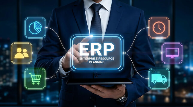 Businessman touching ERP enterprise resource planning screen with logistics icons