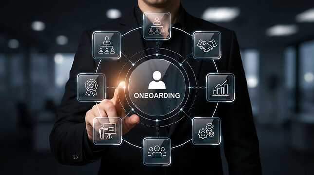 Businessman touching virtual onboarding network interface with corporate icons
