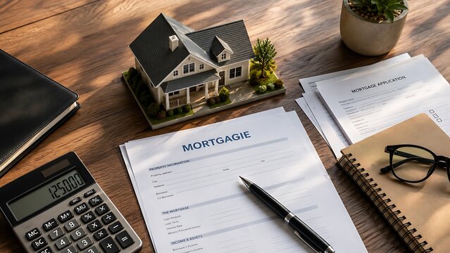 Mortgage Application Form with Model House and Calculator on Desk
