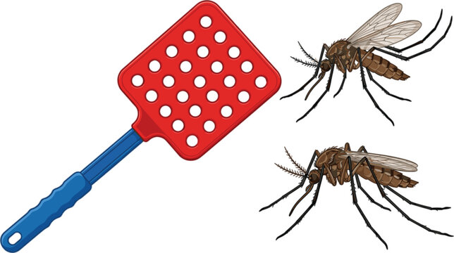 Fly swatter and mosquito set vector illustration with plastic pest control tool and detailed parasite insects on white background