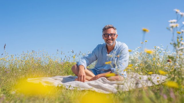 Portrait of smiling father relaxing on picnic blanket in sunny meadow, wildflowers and blue sky behind, joyful outdoor lifestyle concept, ultra