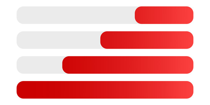 Minimalist infographic progress bars and loading indicator blocks set. Modern red and white horizontal rounded capsule elements for web UI UX design and business data presentation