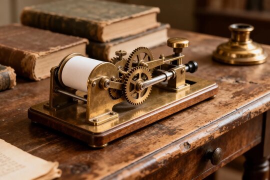 Vintage brass telegraph machine on wooden desk