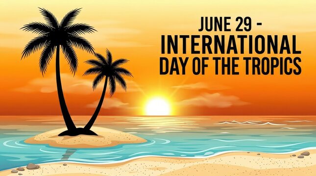 Stylized flat vector poster for international day of the tropics showing black palm tree silhouettes against sunset beach