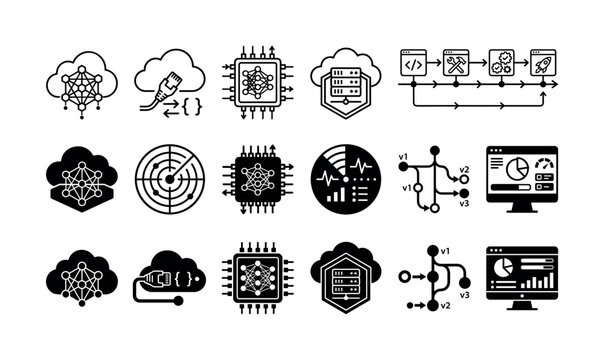Cloud computing icon set featuring neural network, database, server, pipeline, version control and monitoring symbols