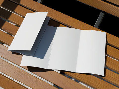 Wooden Bench Empty Brochure Mockup with Realistic Shadow 3D Render