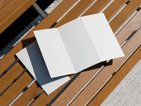 Blank Opened Trifold Brochure Sheet Mockup on Wooden Bench 3D Render