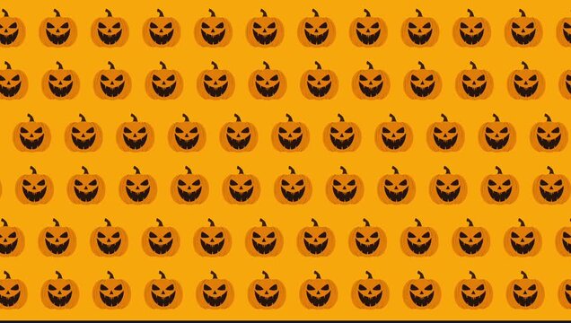 Halloween seamless pattern loop with creepy jack o lantern pumpkins moving horizontally on orange background