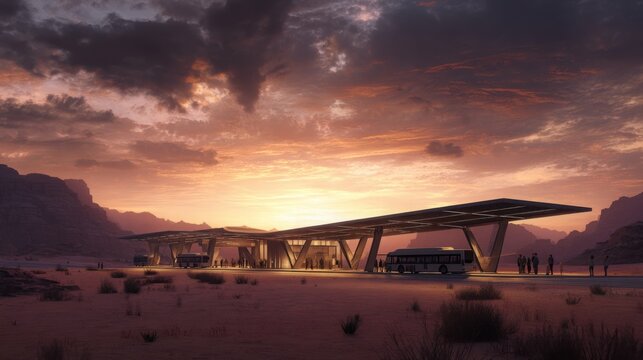 Remote modern bus terminal surrounded by desert landscape, dramatic sunset colors filling the sky, long shadows and warm atmosphere, travel adventure