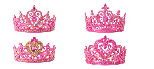 Set of four pink princess tiaras isolated on transparent background