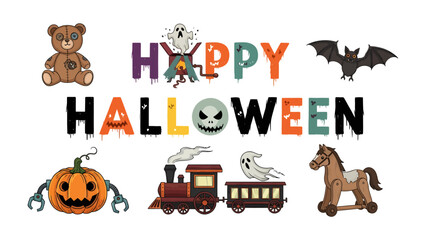Fototapeta premium Happy Halloween Graphic: A playful collection of Halloween-themed graphics including a teddy bear, a bat, a jack-o'-lantern with robotic arms, a toy train with a ghost, and a rocking horse.