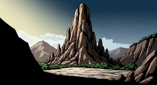Tall jagged mountain peaks in a deep valley landscape.
