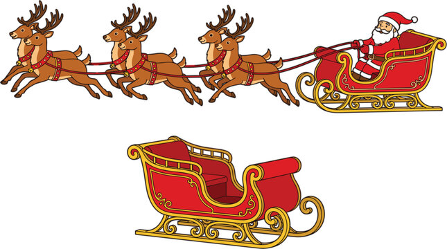 Santa Claus riding a red Christmas sleigh pulled by flying reindeers isolated vector illustration on white background