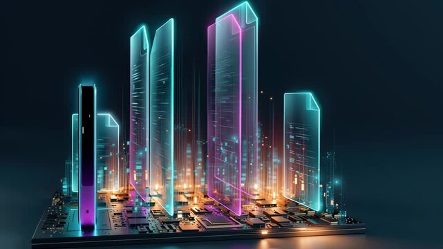 Cloud computing technology neon cityscape rising from circuit board glowing skyline with data streams and futuristic core